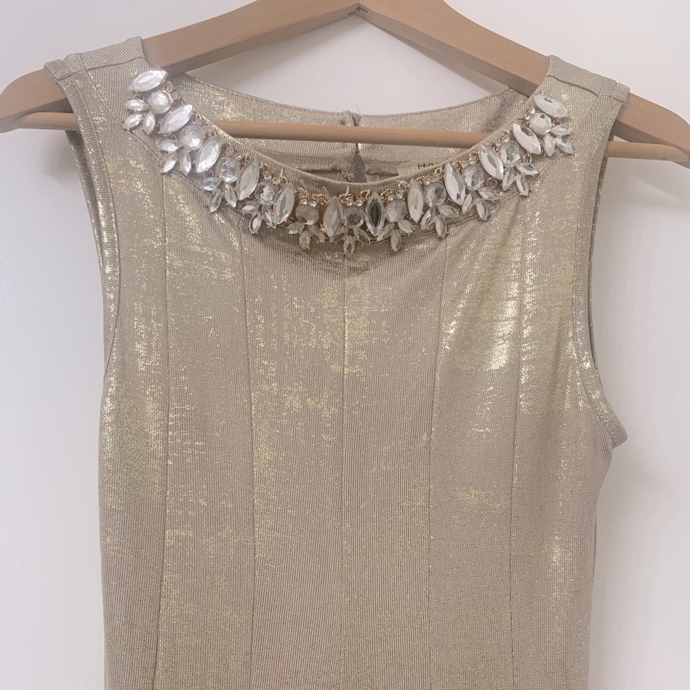 Beautiful Evening gown Gold shimmer adorned with rhinestones on collar by Haani